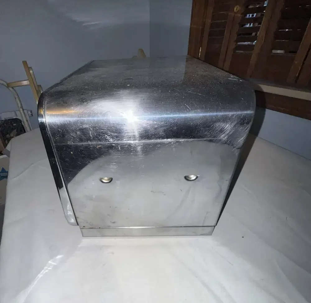 Vintage Pantry Queen Chrome Bread Box w/ Wooden Cutting Board Lid and Shelf